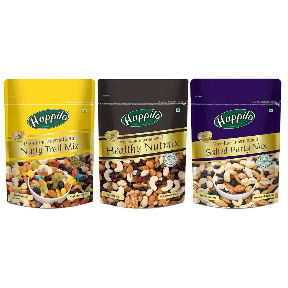 Happilo Premium Nuts & Dry Fruit Combo (Trail Mix, Nut Mix & Party Mix) | Grocsy