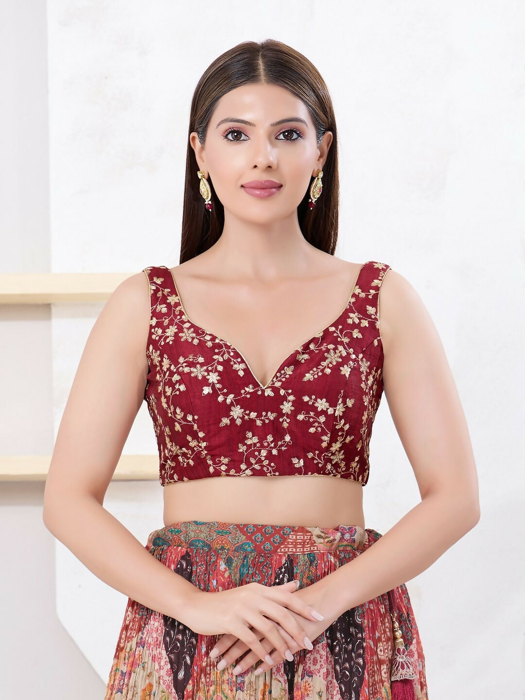 Joban Fashion Maroon Mulberry Silk Sleeveless Back Open Blouse | Grocsy
