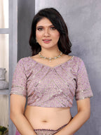 Vastranavya Lavender Embroidery Work Shimmer Chiffon Saree with Unstitched Blouse | Grocsy