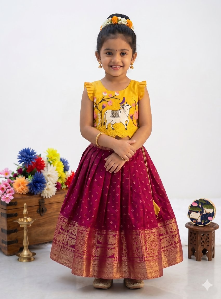 Teeya Creation New Trendy Designer Kids Girls Yellow & Red Silk Pichwai Cow Motif Lehenga Choli Set-Yellow | Grocsy
