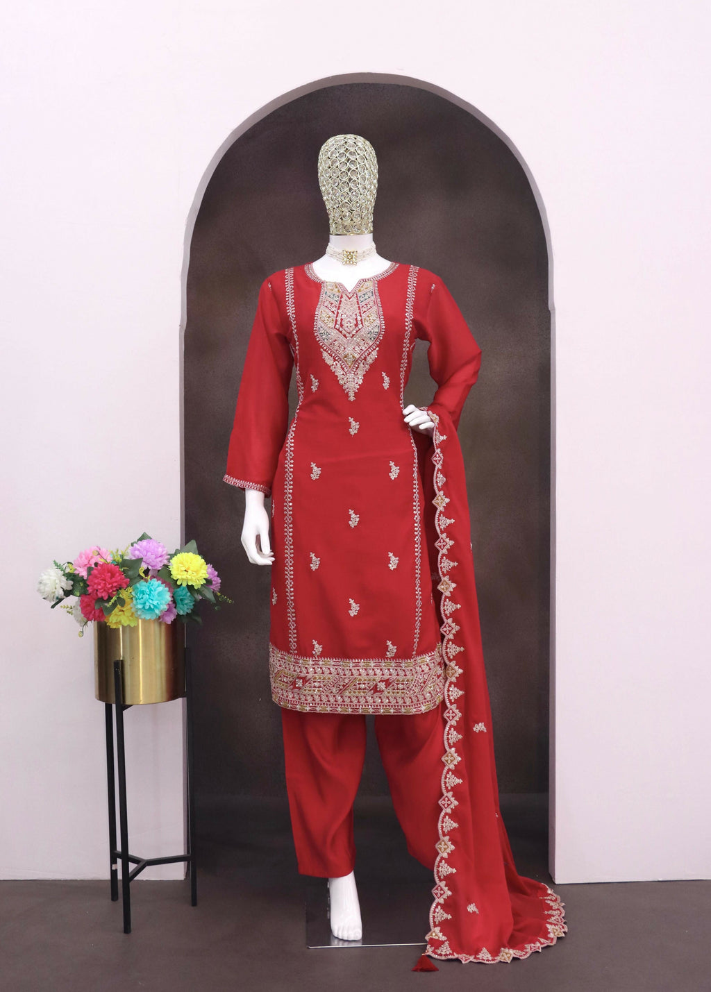 Anaita Red Heavy Chinon Readymade Suit with Embroidery & Sequence Work | Grocsy