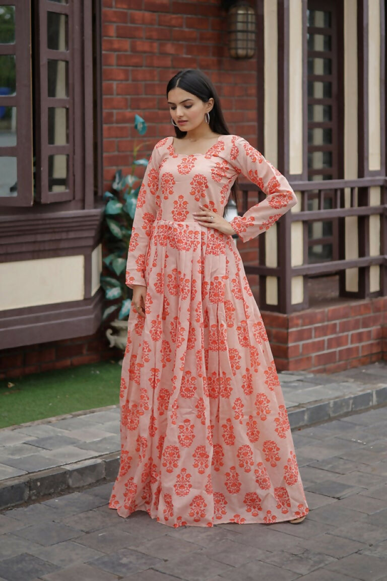 Jyoti Fashion Women's Peach Heavy Digital Printed Pure Chanderi Anarkali Dress | Grocsy