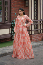 Jyoti Fashion Women's Peach Heavy Digital Printed Pure Chanderi Anarkali Dress | Grocsy