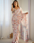 Cream Chinon Designer Digital Printed & Mirror Cut Work Saree - Kriti | Grocsy