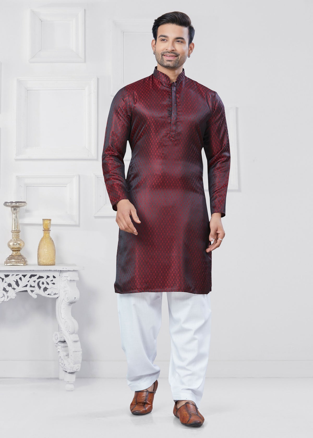 Joban Fashion Men's Jacquard Silk Marron Printed Kurta Pyjama set | Grocsy