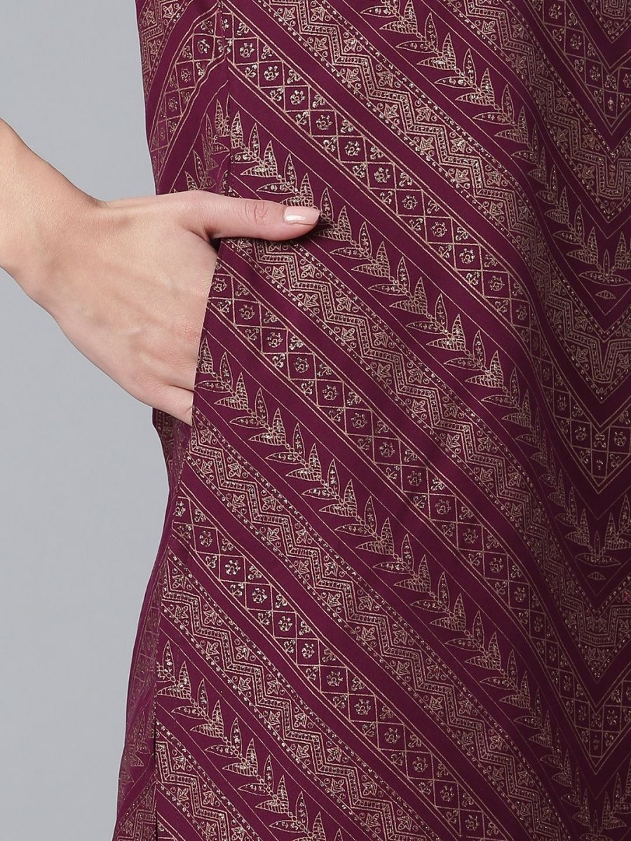 Ahalyaa Wine Crepe Glitter Print Kurta with Sharara and dupatta Set | Grocsy