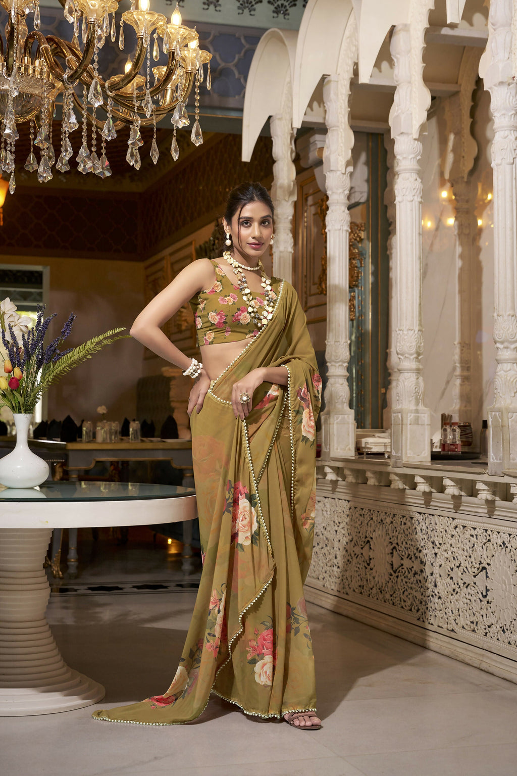 Vastranavya Brown Spectacular Georgette Printed with Pearl Lace Saree with Unstitched Blouse | Grocsy