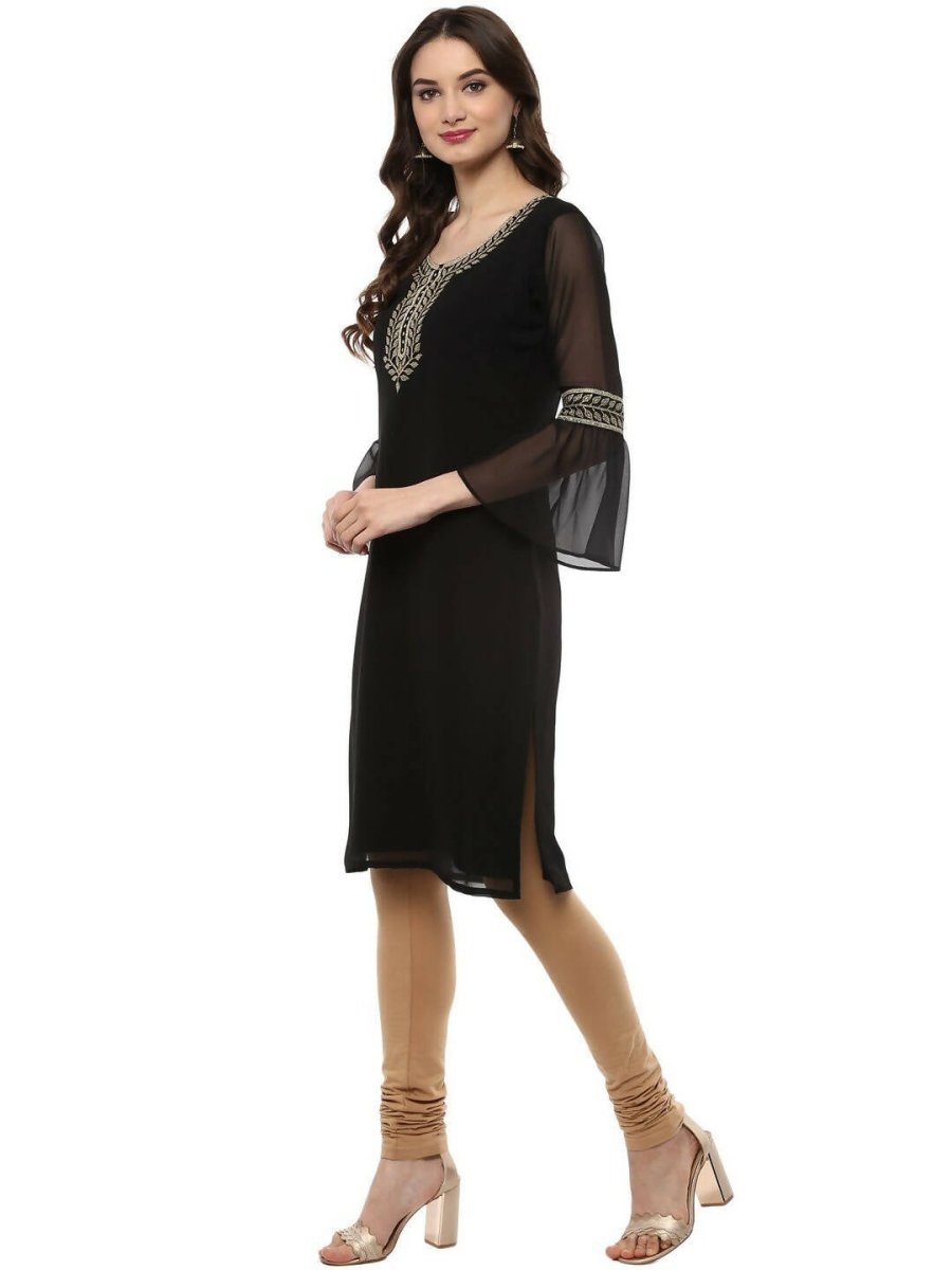 Ahalyaa Women's Black Georgette Glitter Print Kurta | Grocsy