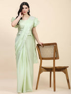 Light Green Silk Satin Sequence Work Ready to Wear Saree with stitched Blouse - Nirvana | Grocsy