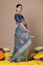 Very Much Indian Rajsi - Handloom Ari Checks Cotton Silk Saree With Golden Border - Grey | Grocsy