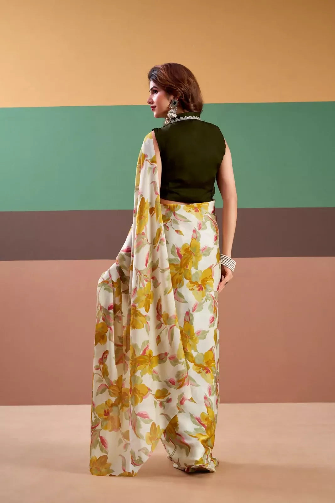 Vastranavya Yellow Satin Silk Floral Printed Saree with Stitched Blouse | Grocsy
