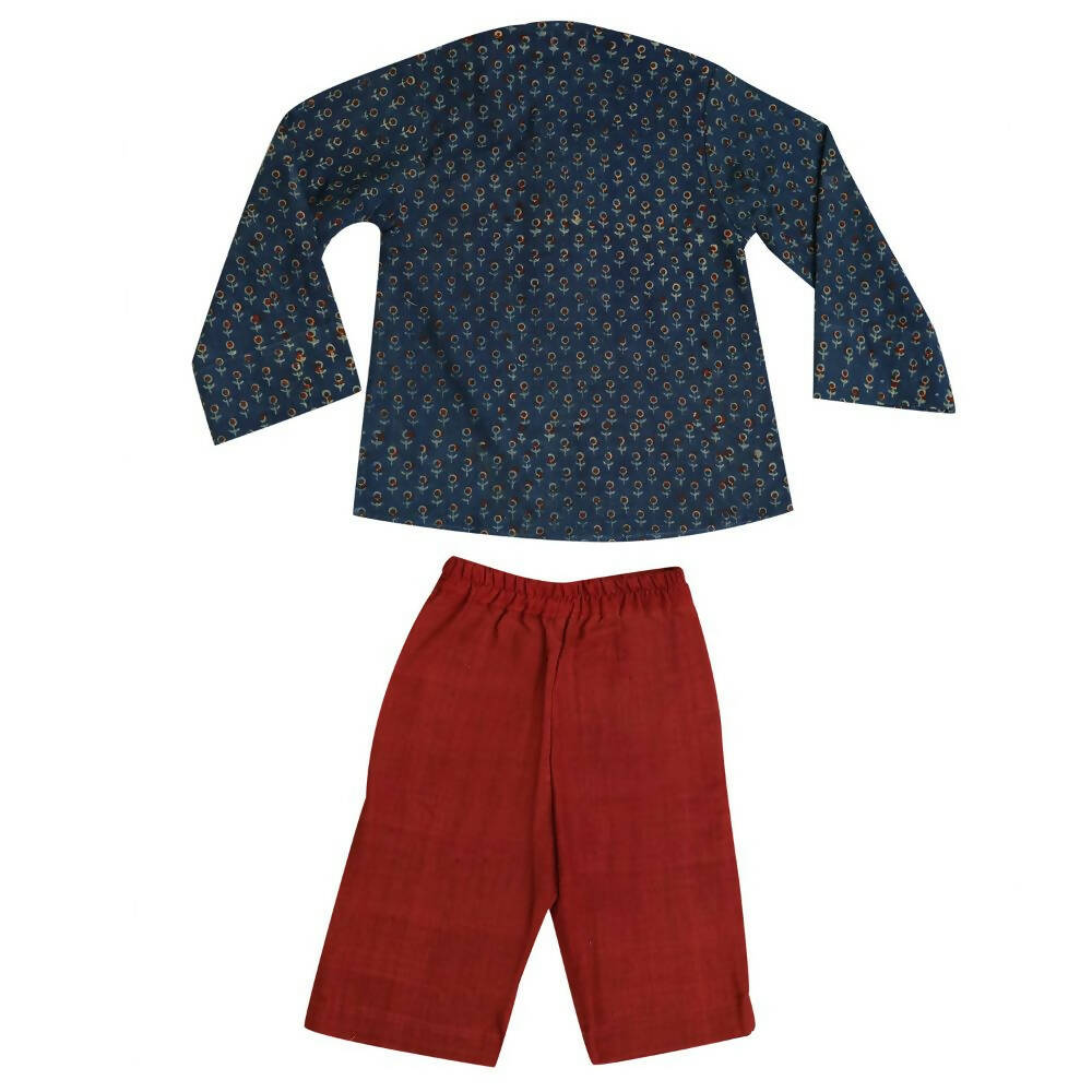 Mhyssa Scar Full Sleeve Blue Kurta With Full Length Maroon Pant Set For Kids | Grocsy