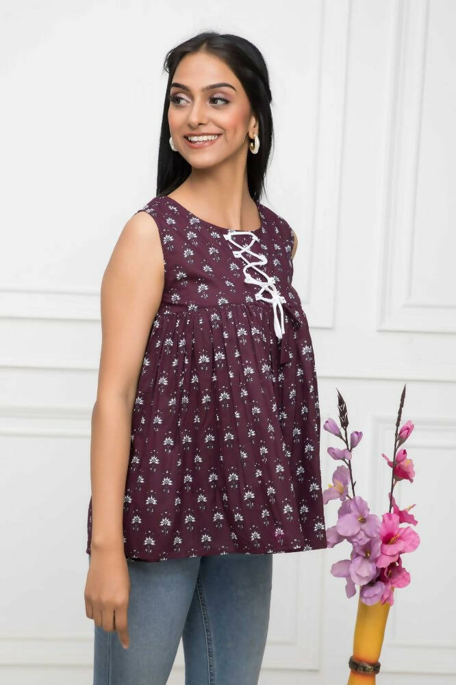 Myshka Women Brown Solid Round Neck No Sleeves Pure Cotton Top | Grocsy