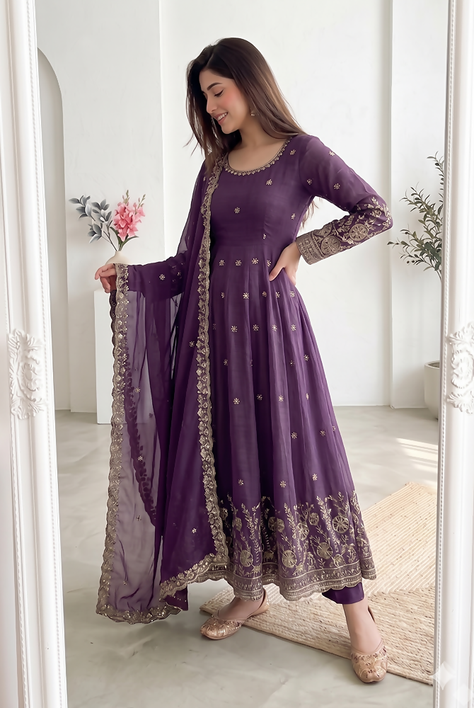Teeya Creation New Stylish Trendy Elegant Purple Embroidered Anarkali Suit with Dupatta | Grocsy