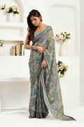 Joban Fashion  Dusty Brown Floral & Ethnic Motifs Linen Ready To Wear Saree With Unstitched Blouse | Grocsy