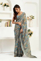 Joban Fashion  Dusty Brown Floral & Ethnic Motifs Linen Ready To Wear Saree With Unstitched Blouse | Grocsy