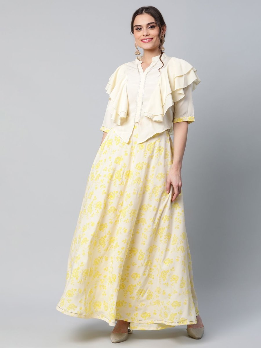 Ahalyaa Women Crepe Cream Solid Top with Printed Skirt with Ruffle Details | Grocsy