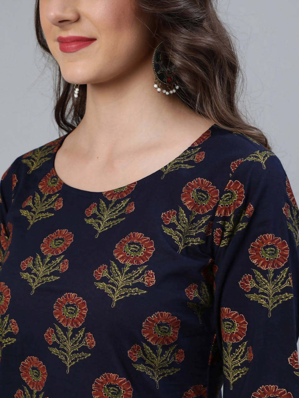 Vamika Printed Rayon Navy Blue Party Wear/Casual Wear Kurta Set/Suit | Grocsy