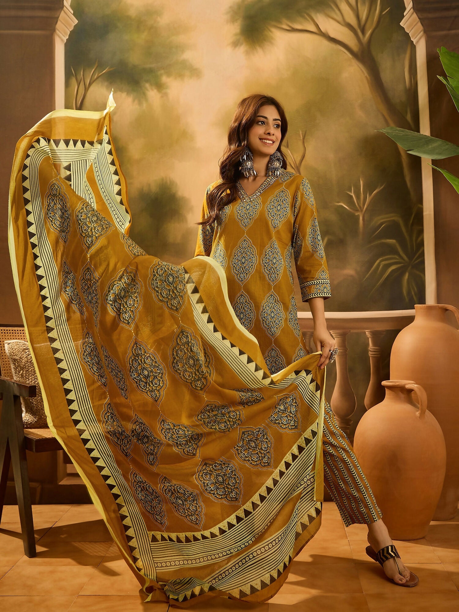 Joban Fashion Printed Mustard Pure Cotton Kurta Set | Grocsy
