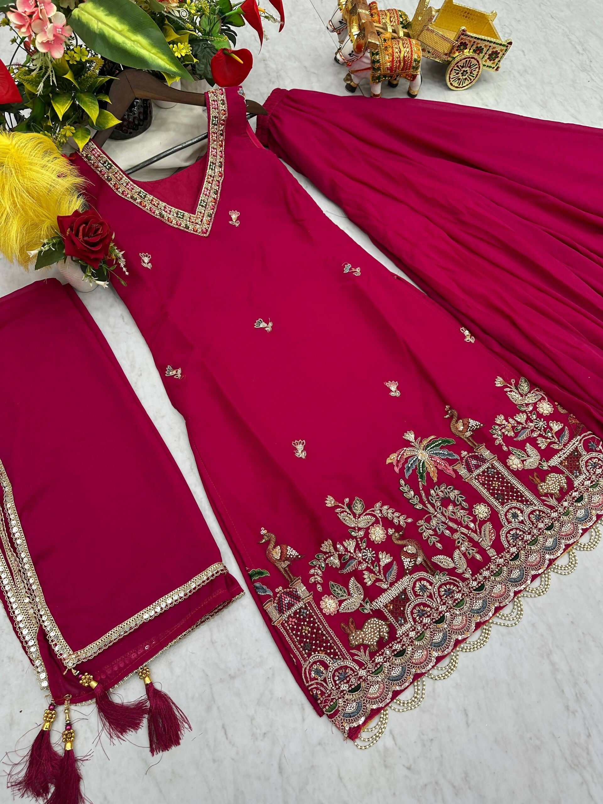 Teeya Creation Womens New Stylish Moti Beads With Cording Sequence Thread Embroidery Work Pink Kurta Set | Grocsy
