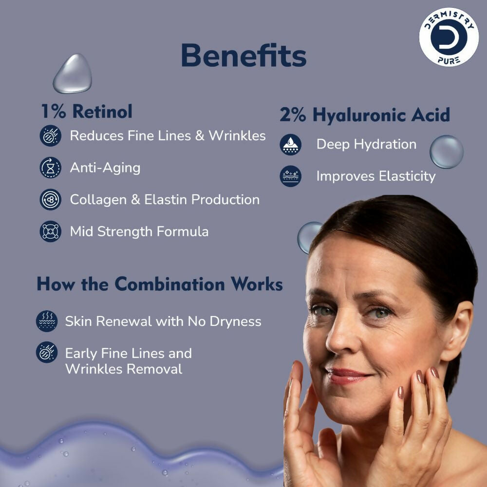 Dermistry Pure 1% Retinol 2% Hyaluronic Acid Anti Aging Moisturizer Face Serum Fine Lines & Wrinkles | Grocsy