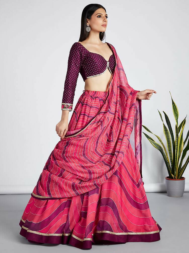 House of Panchhi Rose Organza Siroski Stone Work Leheriya Print Lehenga Choli & Dupatta | Grocsy