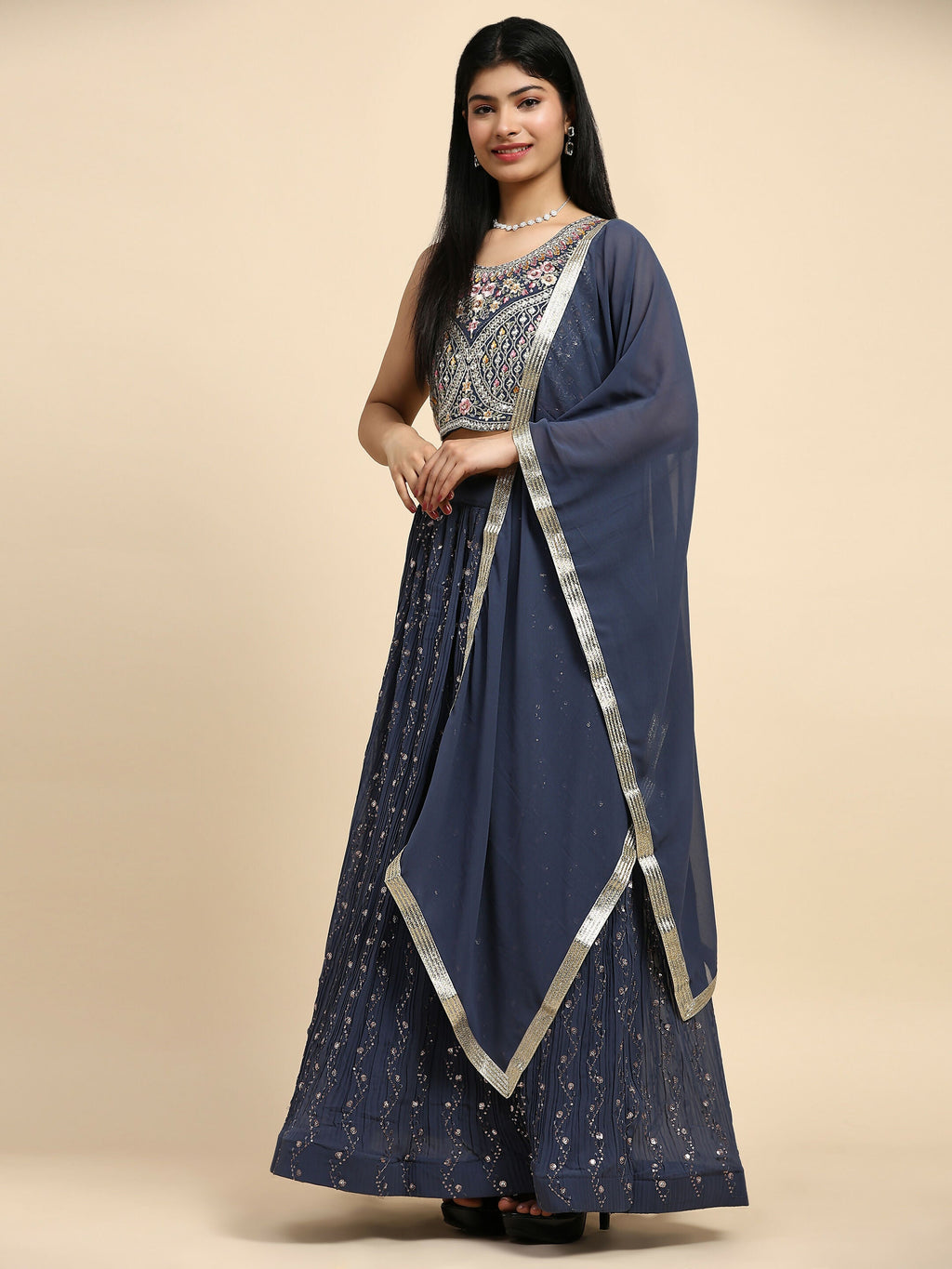 Dark Grey Georgette Embroidered Lehenga choli with Dupatta - Dhara | Grocsy