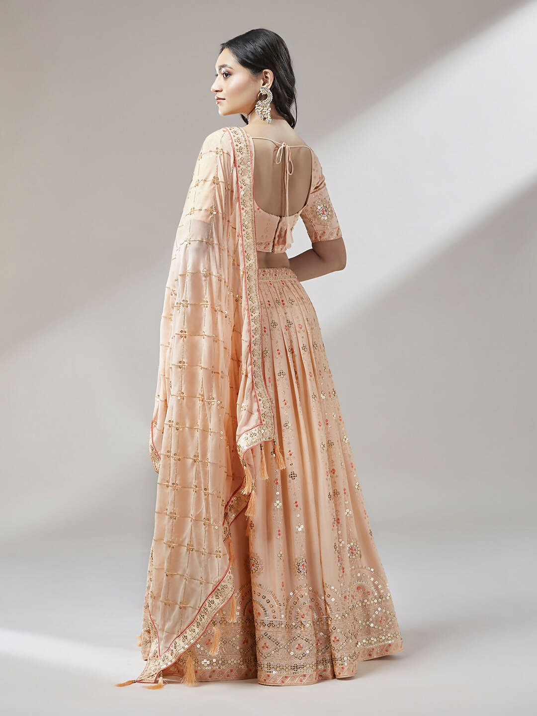 House of Panchhi Women Peach Pure Georgette Embroidered Lehenga & Blouse, Dupatta | Grocsy