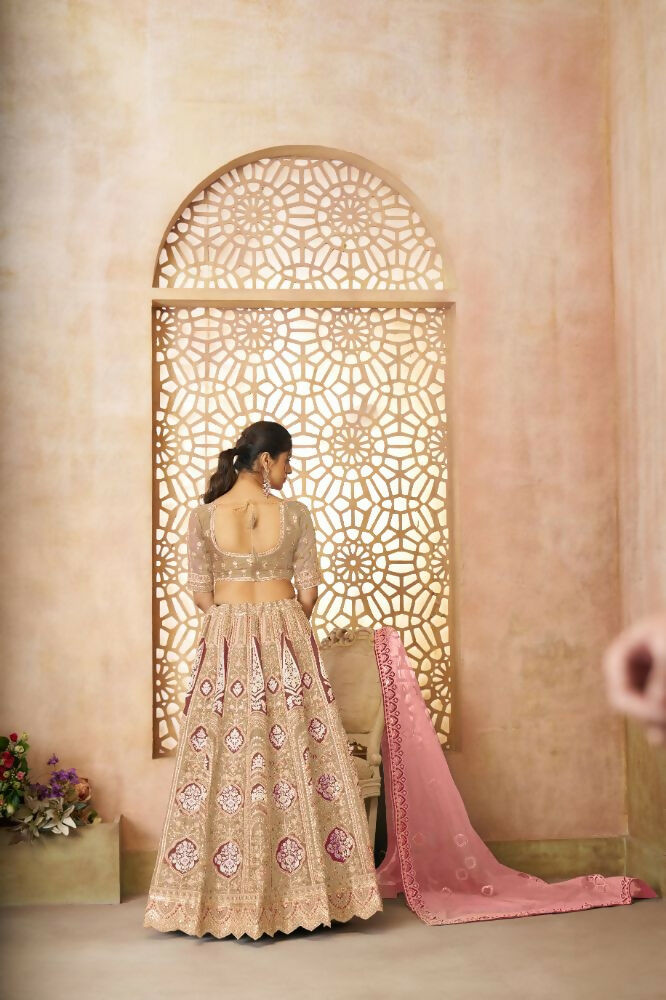 Kesar Fab Chiku Banarasi Silk Embroidered Lehenga | Grocsy