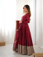 The52 Women's Gorgeous Chinon Silk Fabric Embroidery Work Flared Anarkali Pant and Dupatta Set | Grocsy