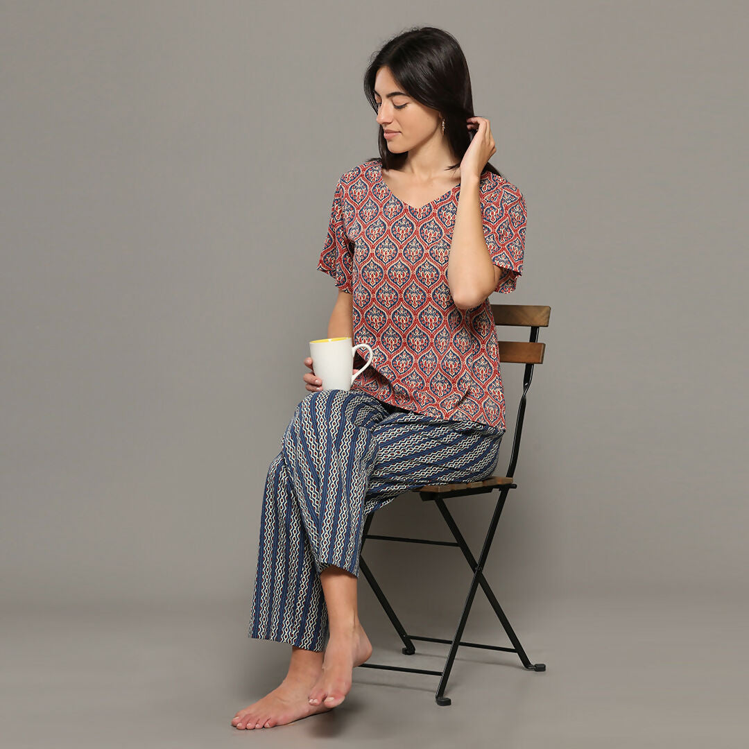 Breathables Women Cotton Printed Loungewear Kurta And Pants Co-Ord Set Pink & Navy I Nightwear | Grocsy