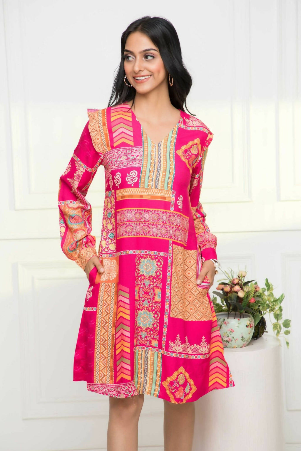 Myshka Women Red Geometric Rayon A-Line Round Neck Dress | Grocsy