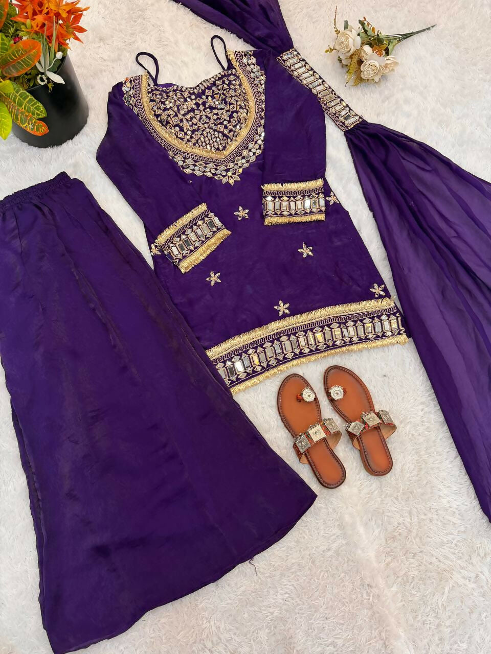 Teeya Creation New Trendy Stylish Real Mirror Work With Lace Border Purple Kurta Set | Grocsy