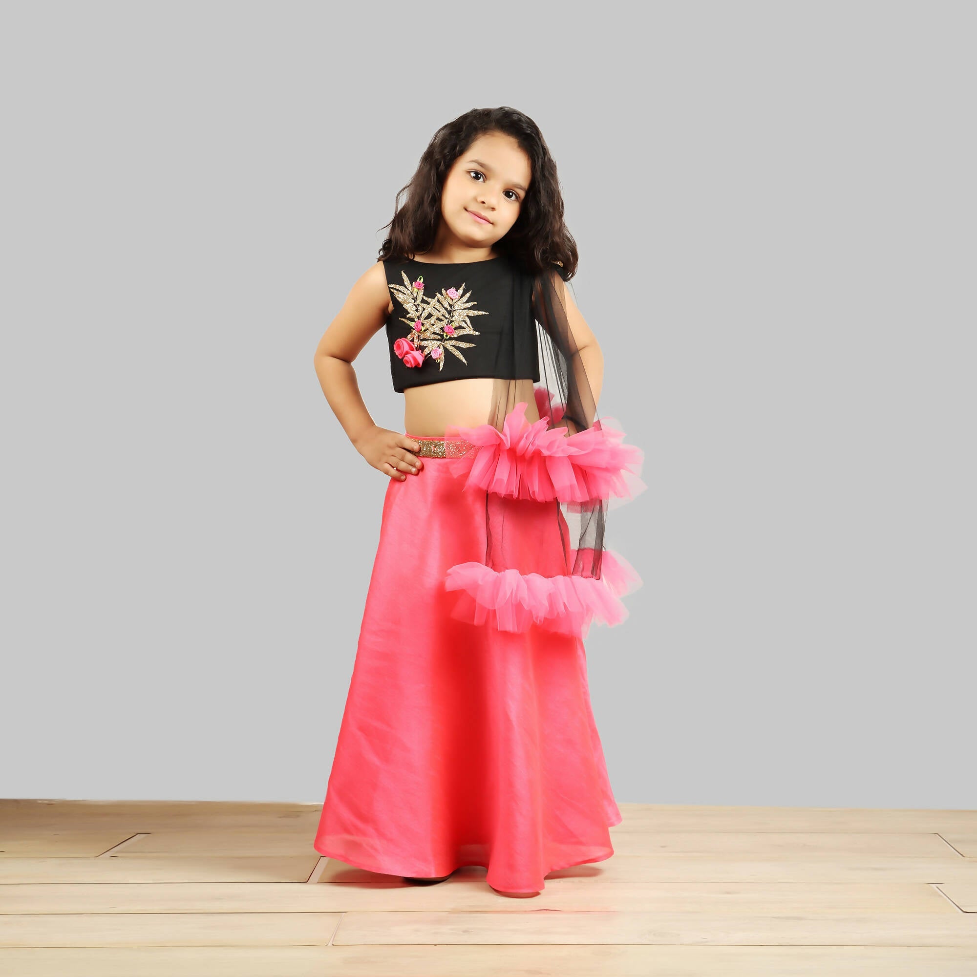 Pink Cow Fashions Black & Pink Ghagra Choli With Frill Dupatta | Grocsy