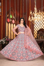 Eilara Grey And Peach Mulberry Silk Lehenga With Thread Sequins Embroidery Work | Grocsy