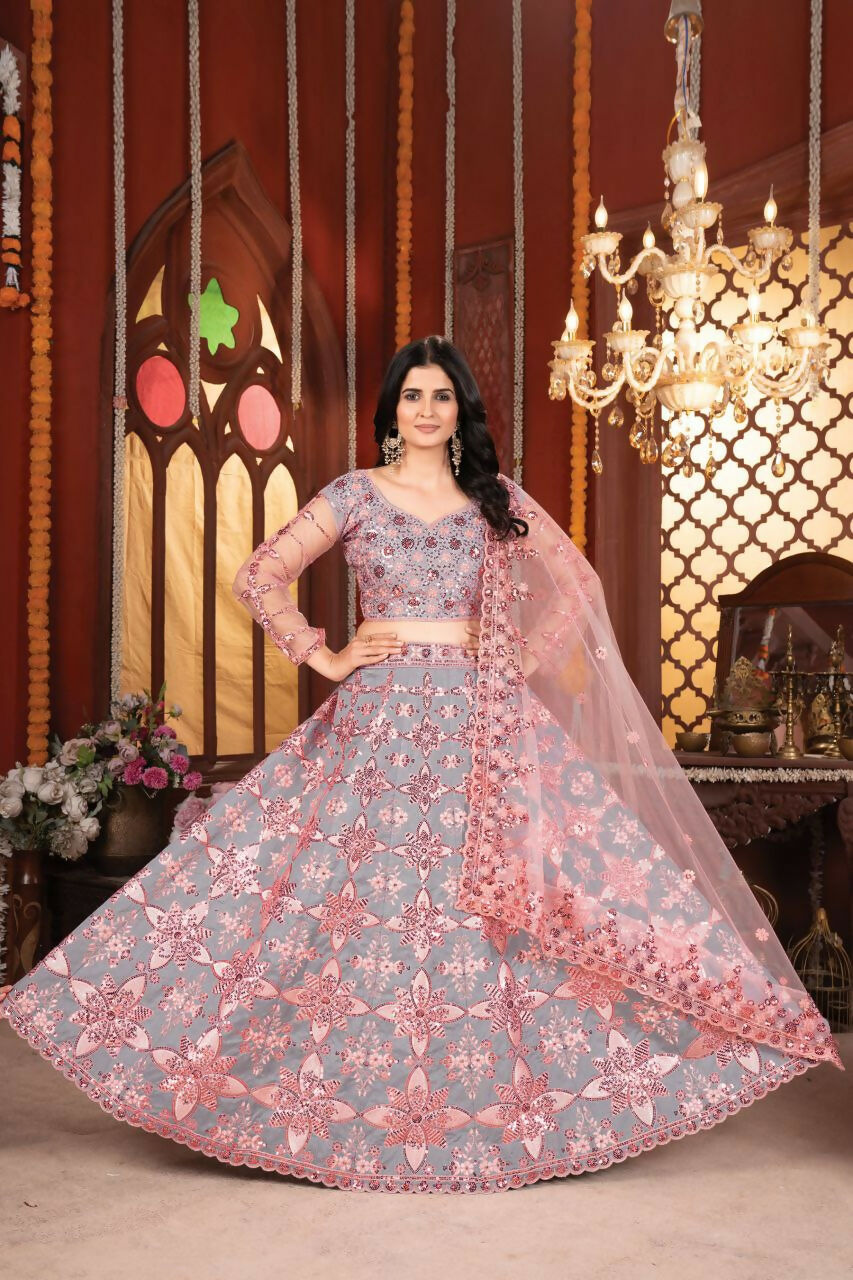 Eilara Grey And Peach Mulberry Silk Lehenga With Thread Sequins Embroidery Work | Grocsy