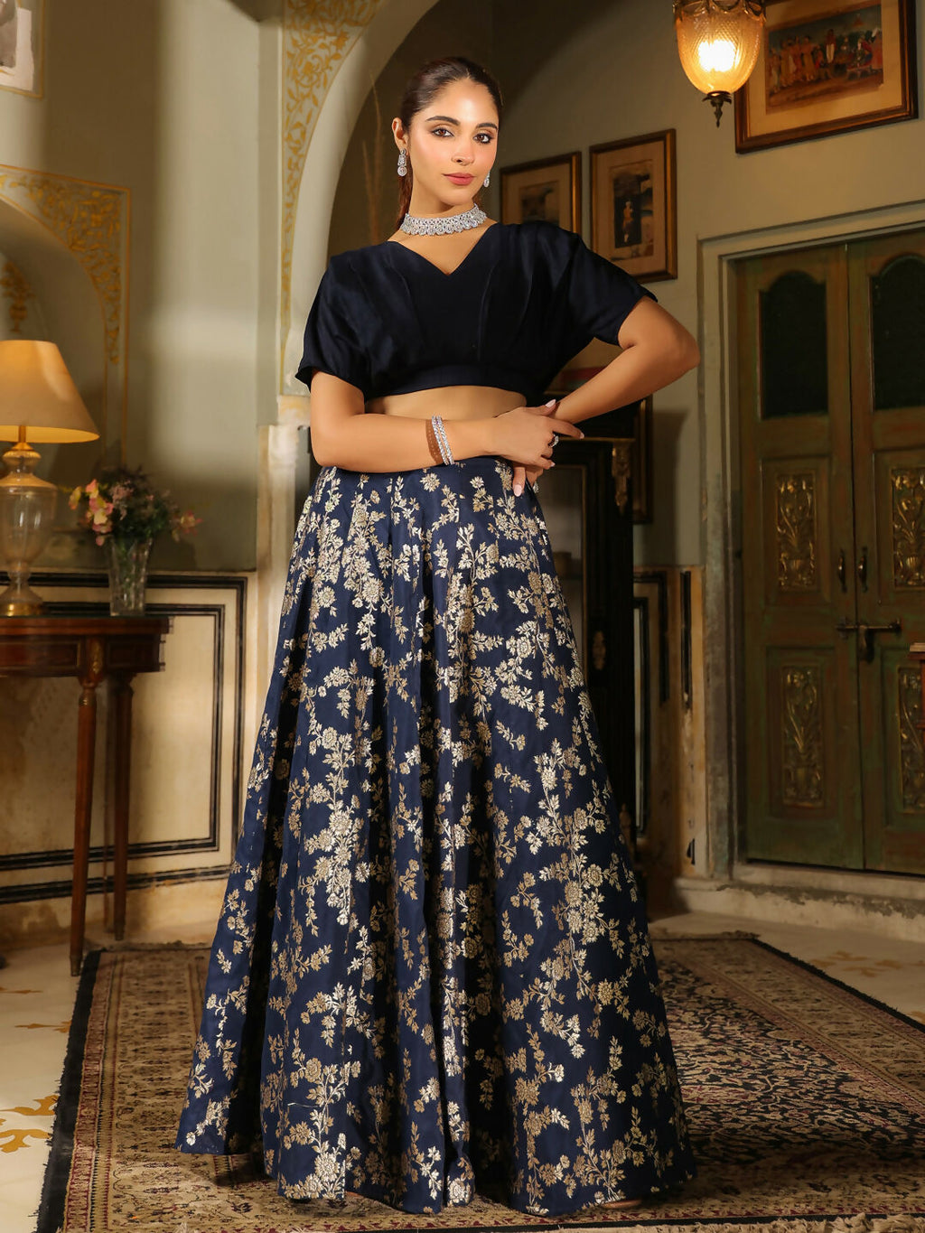 Janasya Navy Blue Silk Blend Solid Lehenga Choli | Grocsy