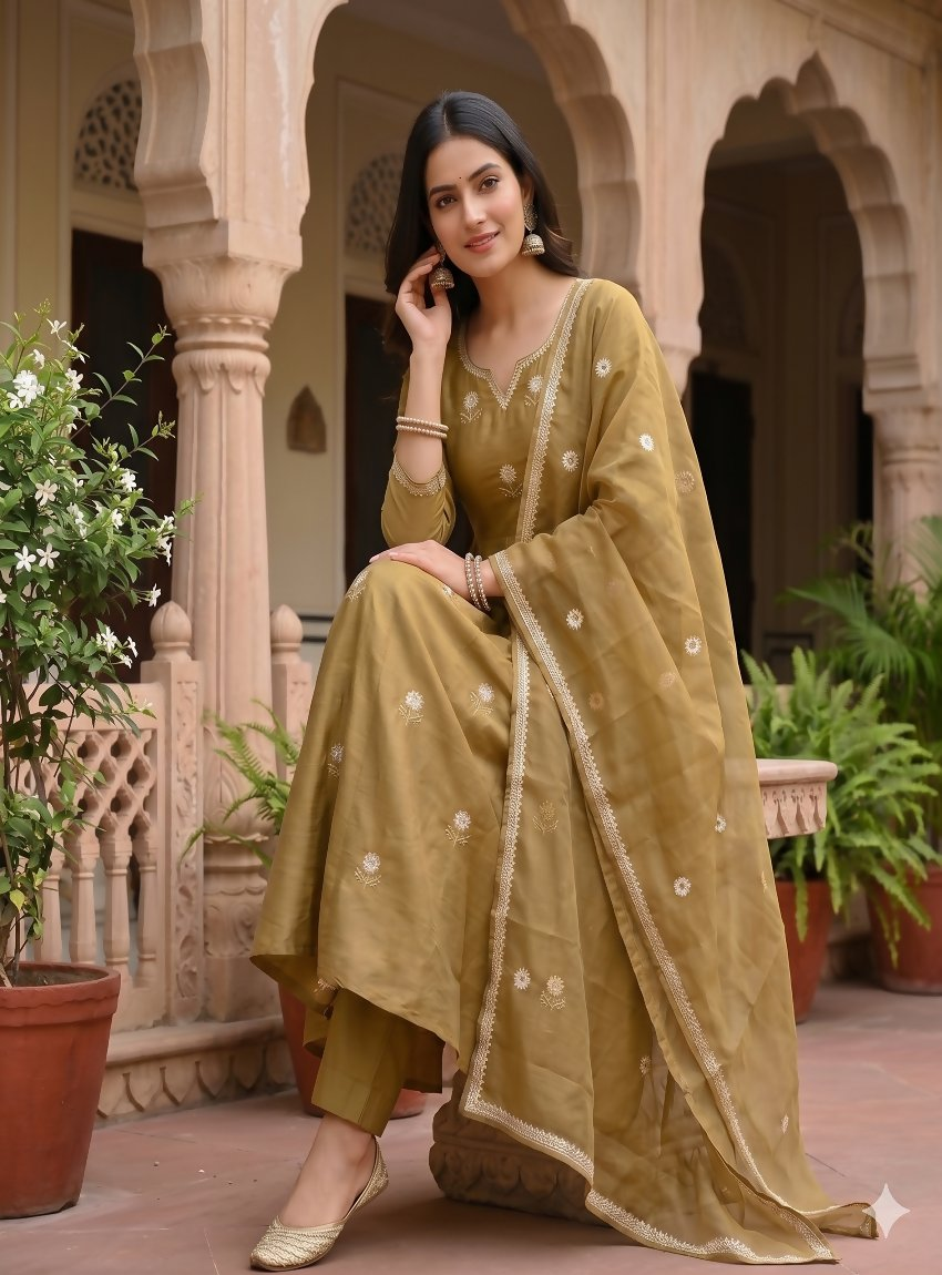 Teeya Creation Festive Gold-Olive Green Anarkali Kurta Pant Set For Women | Grocsy