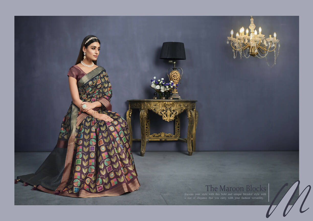Black & Maroon Tusser Silk Floral Printed With Sequence Embroidered Saree With Unstitched Blouse - Mohmanthan Aahana | Grocsy