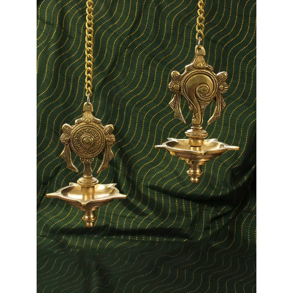 Spillbox Gold-Toned 2 Pieces Brass Shangu Chakra Diyas Wall Hanging Pooja Essentials | Grocsy