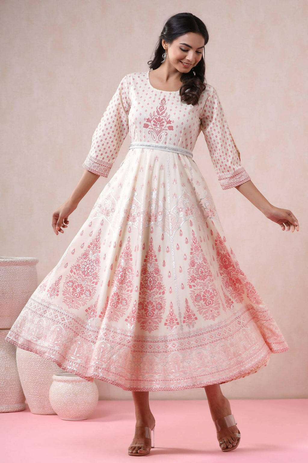 Juniper Women Ivory American Crepe Printed Flared Dress | Grocsy