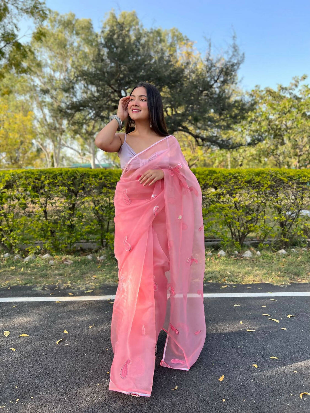 Vamsee Pink Organza Saree | Grocsy