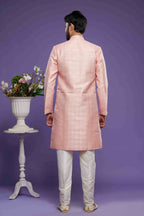 Raivat Ethnic Banarasi Jacquard Embroidery Semi Indo Western Sherwani In Pink Colour | Grocsy