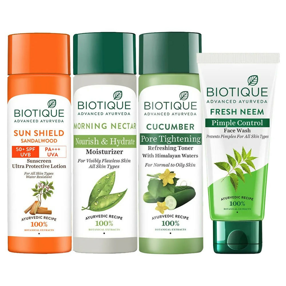 Biotique Skincare Routine Cleanser, Toner, Moisturizer & Sunscreen Combo | Grocsy
