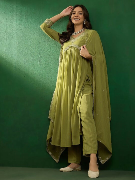 The52 Women's Beautiful Georgette Fabric Embroidery Work Straight Kurta Pant and Dupatta Set | Grocsy