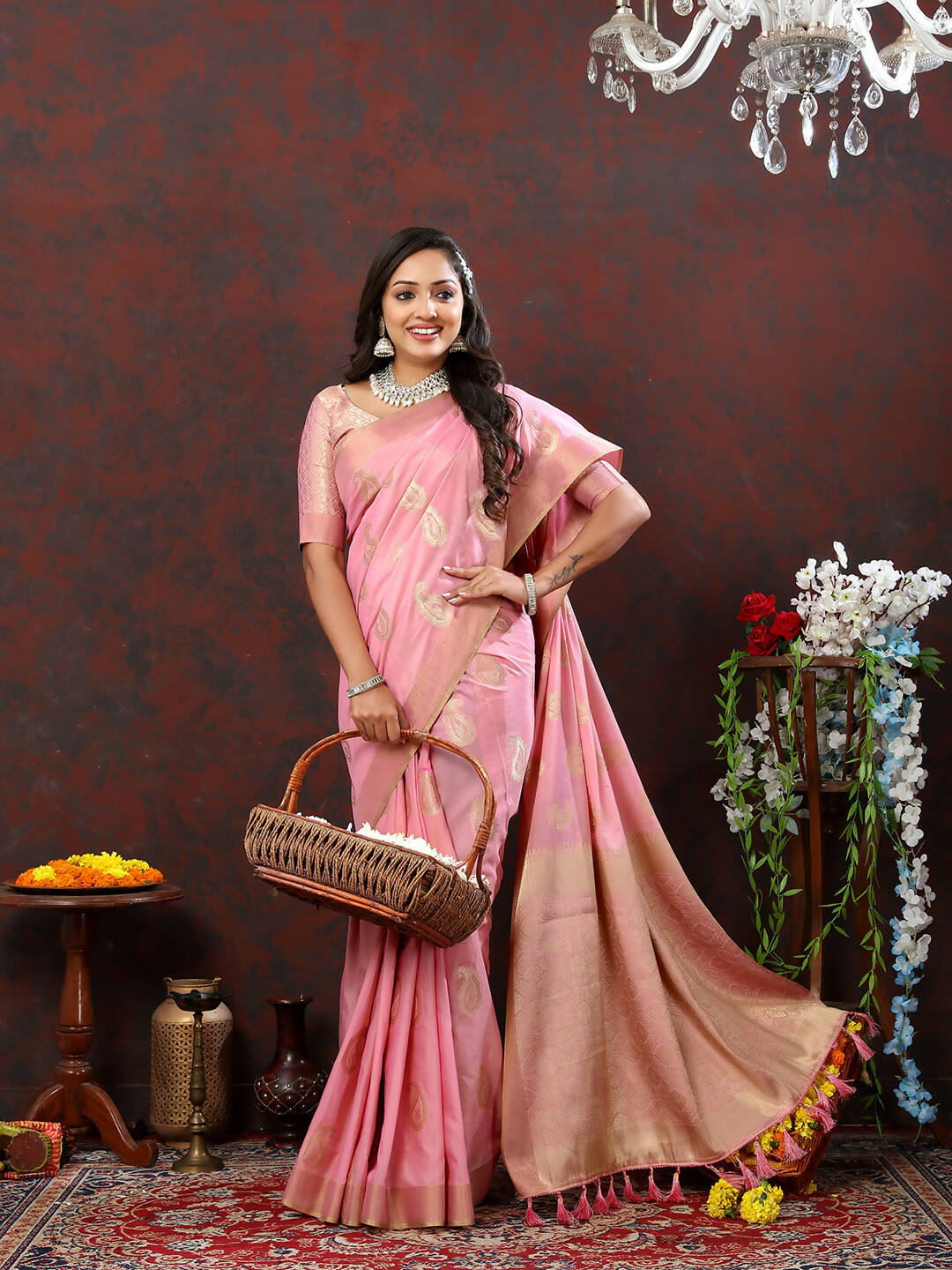 Lorenvalley Fashion Pink Cotton Woven Design with Zari Weaving Design Saree | Grocsy