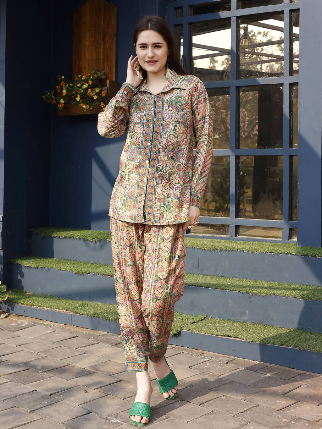 Orange & Green Rayon Paisley & Floral Printed Top with Matching Bottom - Eesha | Grocsy