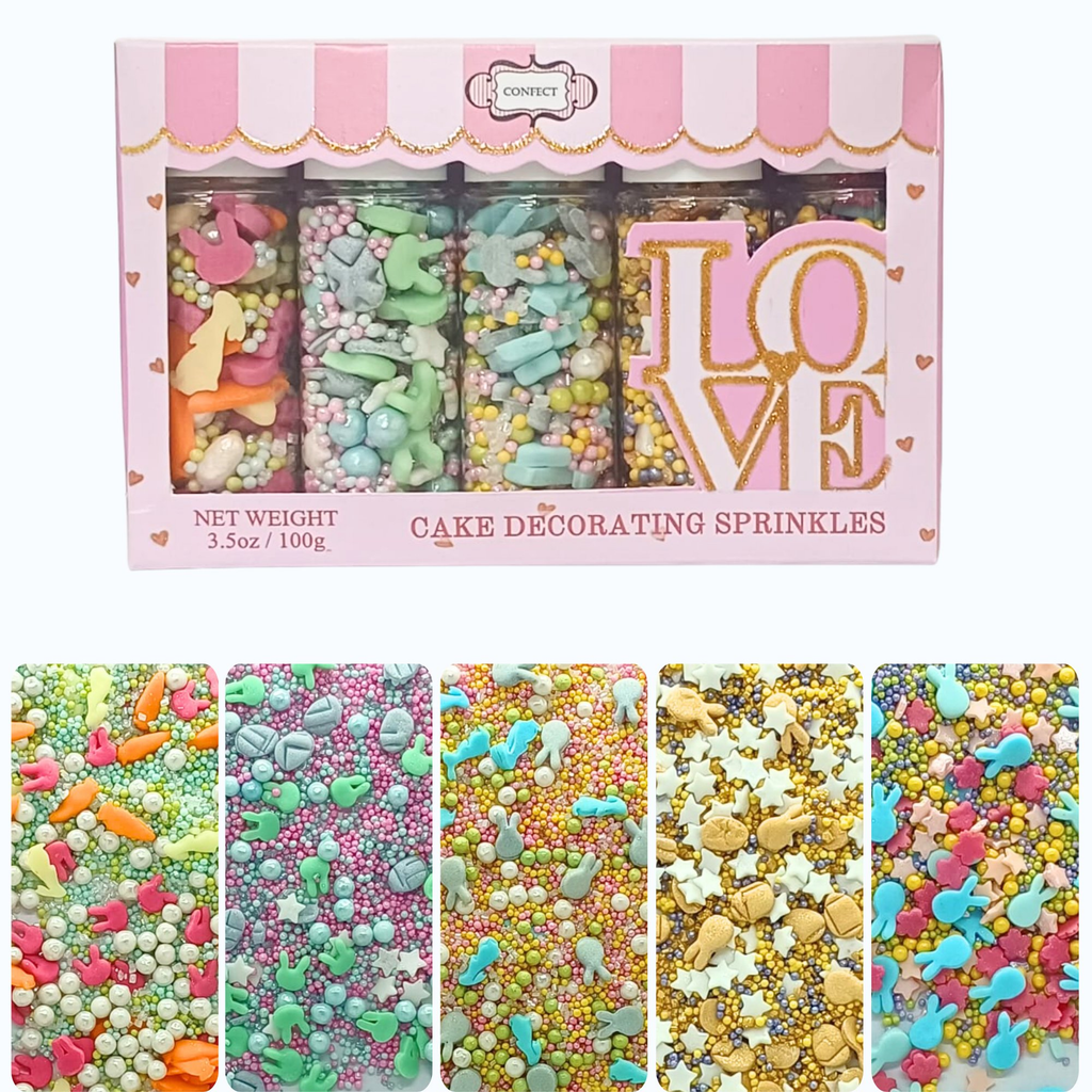 Confect Easter Sprinkles Edible | Mix Parrot Green, Yellow, Pink, White and Silver Pearls & Stars Pack of 5 (EAST 7) - 100Gms | Grocsy