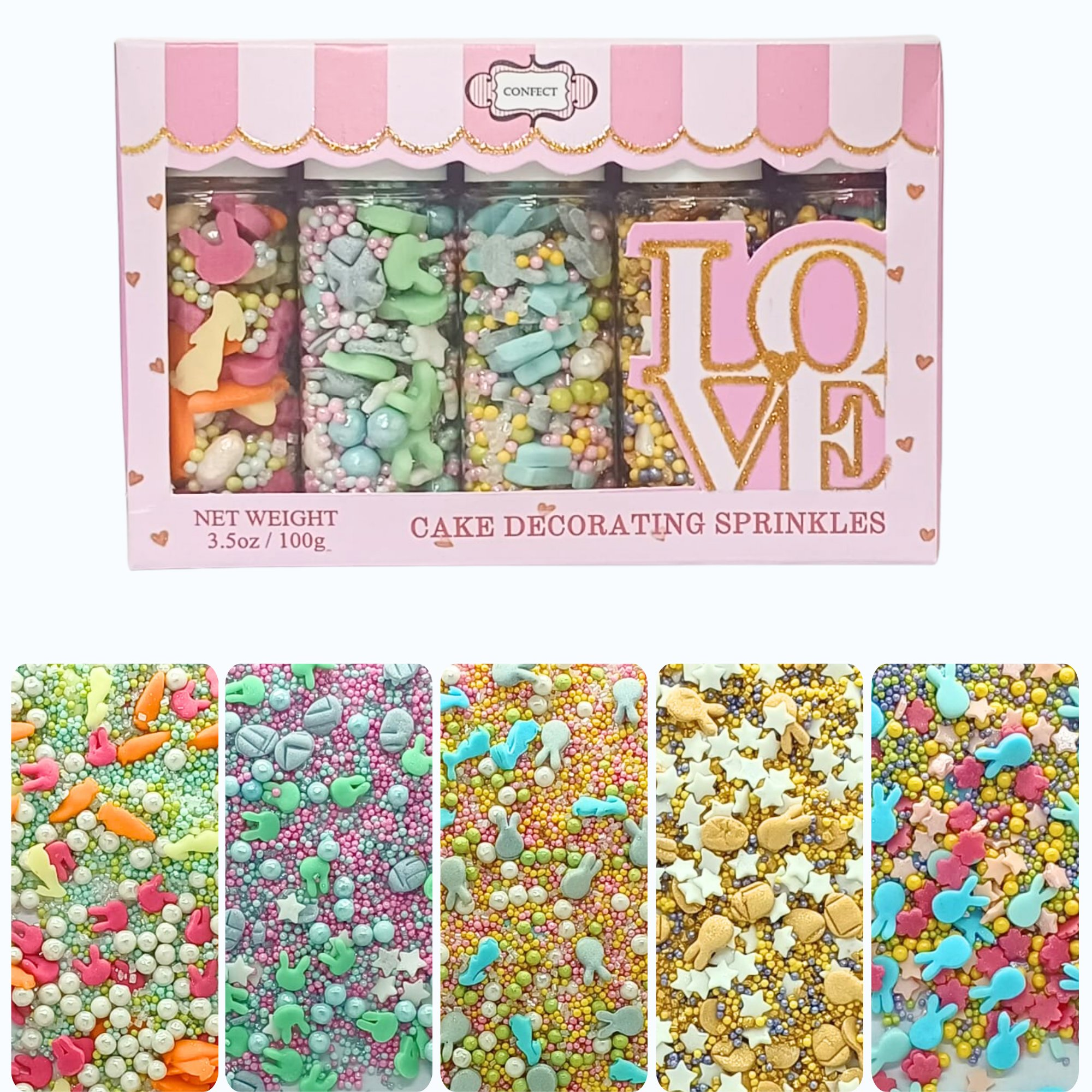 Confect Easter Sprinkles Edible | Mix Parrot Green, Yellow, Pink, White and Silver Pearls & Stars Pack of 5 (EAST 7) - 100Gms | Grocsy