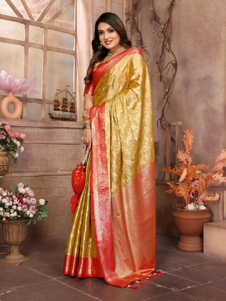 Anaita Golden Tissue Silk With Zari Weaving Saree With Blouse | Grocsy
